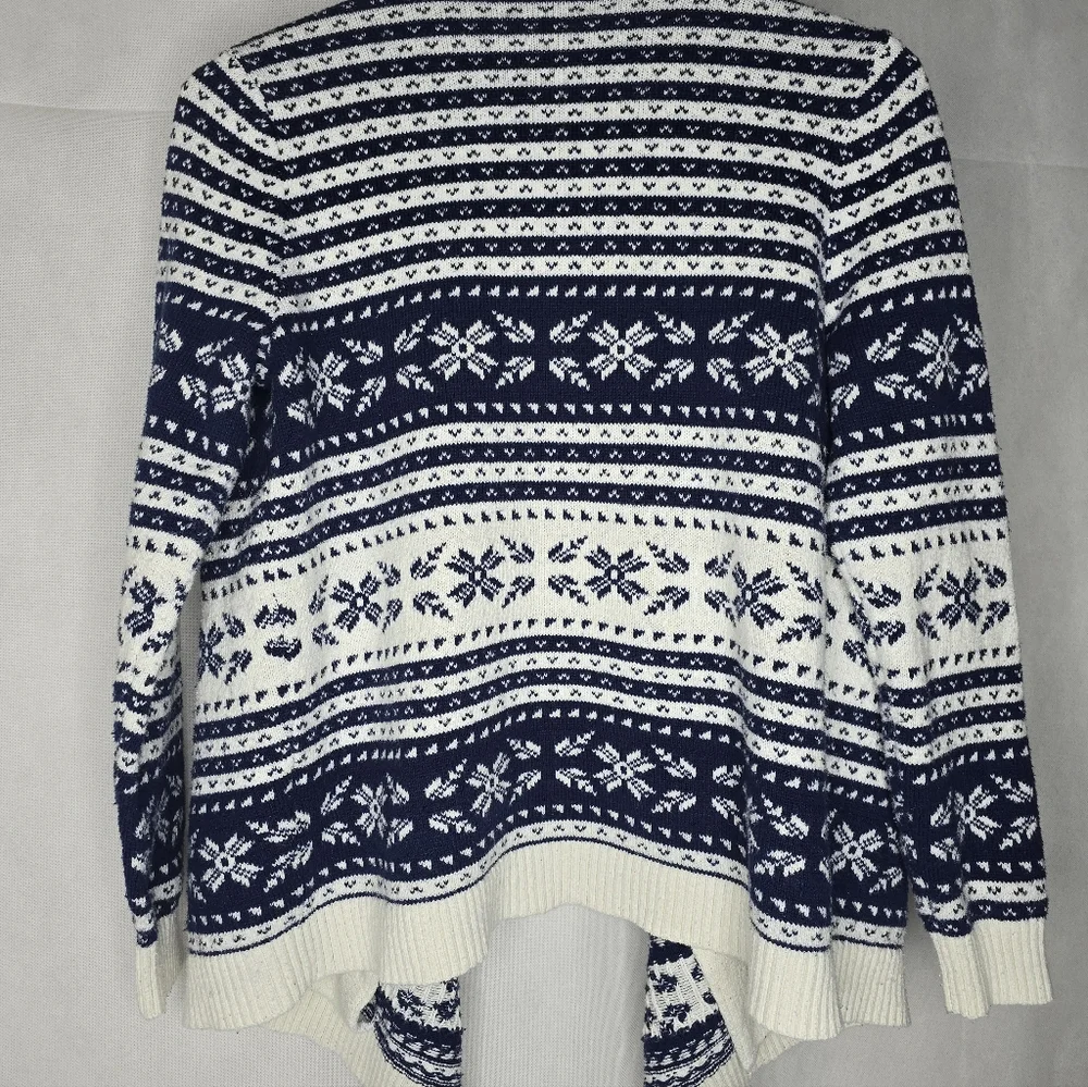 Lands' End Fair Isle Sweater Open Cardigan Navy Ivory Nordic Print Cabincore M - Picture 6 of 13